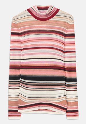Long-sleeve turtleneck top featuring multi-colored horizontal stripes in pink, black, and beige. Soft ribbed texture and fitted design.