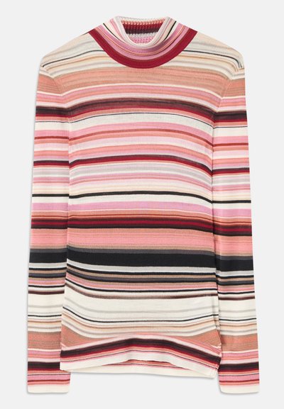 Μπλουζάκι μακρυμάνικο με τροχό σε βελούδινη υφή, με πολύχρωμες οριζόντιες ρίγες σε ροζ, μαύρο και μπεζ. Μαλακή ραφή και εφαρμοστό σχέδιο.