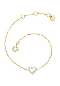 Kuldne käevõru avatud südamekujulise ripatsiga, mis on kaunistatud väikeste valgete kivitükkidega, ning väikese ümarate kulttagiga, millel on graveeritud mustr.