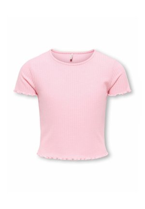 Light pink ribbed short-sleeve crop top with round neckline and lettuce-edge hems on sleeves and bottom.