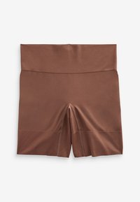 Shorts de cycliste marron sans couture taille haute avec une large ceinture et des jambes longueur genou, posés à plat sur un fond blanc.