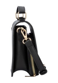 Black leather handbag with a structured shape, gold hardware accents, a detachable strap, and a zip closure along the side. Smooth texture.