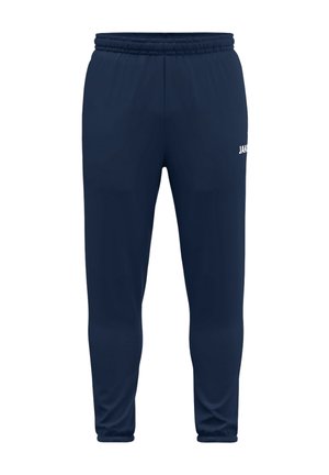 Marineblaue Sporthose mit elastischem Bund und zulaufenden Beinen, mit einem kleinen weißen Markenlogo am oberen rechten Oberschenkel.