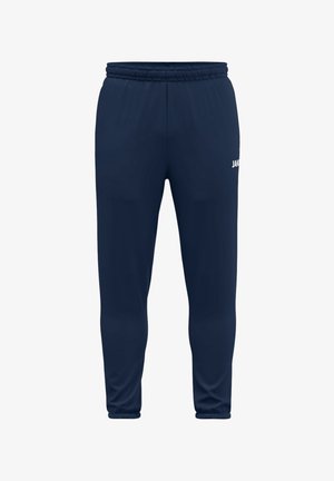 Marineblaue Sporthose mit elastischem Bund und zulaufenden Beinen, mit einem kleinen weißen Markenlogo am oberen rechten Oberschenkel.