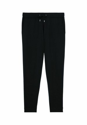 Czarne spodnie dresowe o zwężanych nogawkach z elastycznym pasem, ściągaczem, kieszeniami po bokach i mankietami na kostkach, rozłożone na płasko na białym tle.