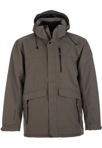 Brun vattentät jacka med huva, flera fickor, framdragkedja och justerbara snoddar. Texturerad, minimalistisk design.