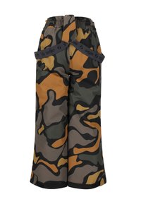 Camo-print wide-leg pants in shades of green, brown, and orange. Features an elastic waistband with woven branding and side straps.