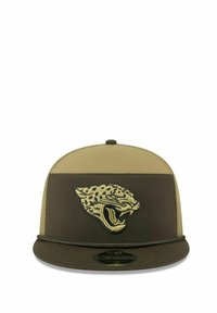 Khaki Snapback-Cap mit einem Leopardenlogo in beige Stickerei. Glattes Material mit einer flachen Krempe und dezenten Akzenten.