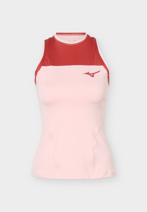 Ærmeløs atletisk tanktop med høj hals, der har en rød øverste sektion og en lyserød krop med en lille rød logo på brystet.