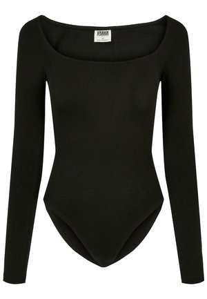 Svart långärmad bodysuit i stretchigt tyg, med rundad halsringning och en figurnära design med en böjd botten för en sömlös look.