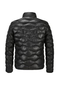 Schwarze Leder-Pufferjacke mit einem gesteppten Muster aus runden Wellen, einem Stehkragen und langen Ärmeln.