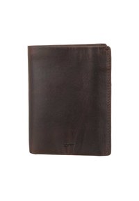 Portefeuille en cuir marron avec une texture lisse et des bords cousus, présentant un design vertical et un logo discret en bas.