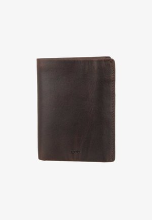 Portafoglio in pelle marrone con una texture liscia e bordi cuciti, caratterizzato da un design verticale e un logo discreto nella parte inferiore.