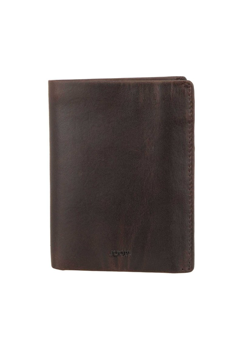 Portefeuille en cuir marron avec une texture lisse et des bords cousus, présentant un design vertical et un logo discret en bas.