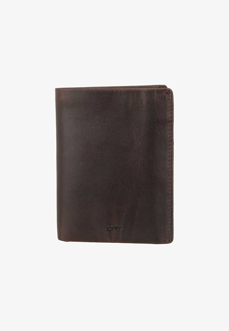 Brown leather wallet with a smooth texture and stitched edges, featuring a vertical design and subtle branding at the bottom.