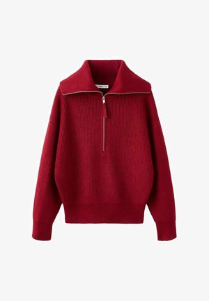 Czerwony sweter dziany z wysokim kołnierzem i srebrnym zamkiem błyskawicznym. Posiada teksturowaną tkaninę i luźny krój, z prążkowanymi detalami na mankietach i dolnym brzegu.