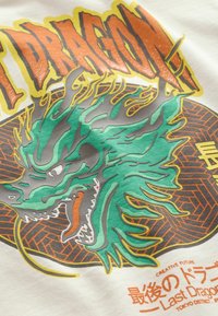 Witte katoenen t-shirt met een kleurrijke drakengrafiek. Bevat groene schubben, oranje vlammen en tekst in geel en oranje met geometrische patronen.