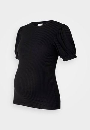 Fekete bordás kismama felső rövid puffos ujjal, kerek nyakkivágással és szoros szabással, amely a kényelemet szolgálja a terhesség alatt.