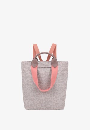 Hellgrauer Tote-Rucksack mit dezenten Leopardenflecken und pinken Trägern, mit kurzen Henkeln und verstellbaren Schultergurten.