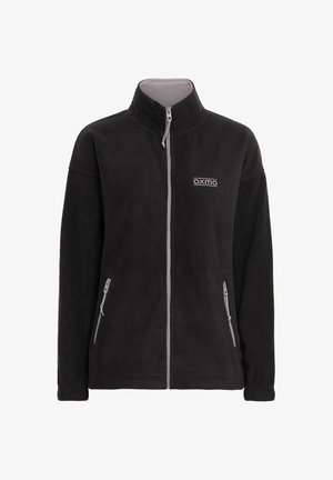 Svart fleecejakke med høy krage, grå glidelås og to glidelåslommer på siden. Har logo på brystet. Myk tekstur.