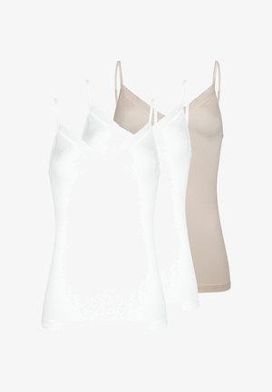 Trois camisoles sans manches pour femmes avec bordure en dentelle, en blanc et beige, disposées en chevauchement sur un fond blanc.