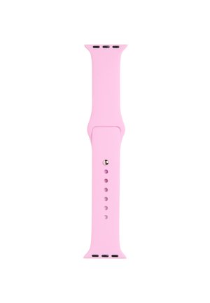 Pink silikone smartwatch-armbånd med justerbare huller og metalstiftspænde, vist lige mod en hvid baggrund.