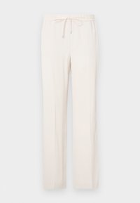 Pantaloni bej deschis cu talie elastică și șnur, având un design cu picior drept și textură netedă. Nu se văd buzunare.