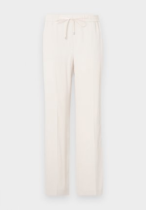 Hellbeige Hose mit elastischem Bund und Kordelzug, mit geradem Bein und glatter Textur. Keine sichtbaren Taschen.