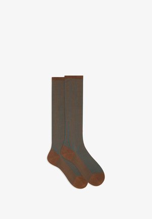 Brown striped socks featuring thin blue lines. Smooth texture with a reinforced toe and heel. Tall design covers the calf.