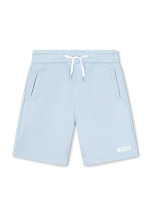Pantaloni corti in felpa di colore azzurro chiaro realizzati in tessuto morbido, dotati di una vita elastica con cordoncino, due tasche laterali e logo "BOSS" bianco.