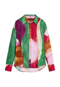Kleurrijk shirt met lange mouwen en een gemengd patroon van groene, roze, rode en bruine abstracte penseelstreken. Standaard kraag met knoopsluiting.