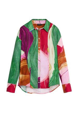 Camisa de manga larga colorida que presenta un patrón mixto de pinceladas abstractas en verde, rosa, rojo y marrón. Cuello estándar con cierre de botones.