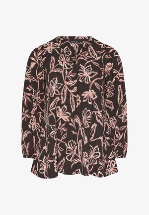 Blouse noire à manches longues avec motif floral et feuillage rose, col rond et coupe ample.