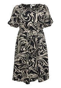 Schwarz- und cremefarbenes Kleid mit wirbelndem Muster, kurzen elastischen Ärmeln, cinchiger Taille und lockerem Schnitt, der bis zum Knie fällt.