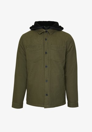 Giacca verde oliva con cappuccio foderato in pile nero, chiusura con bottoni, due tasche sul petto e maniche lunghe con polsini a bottone. Tessuto liscio.