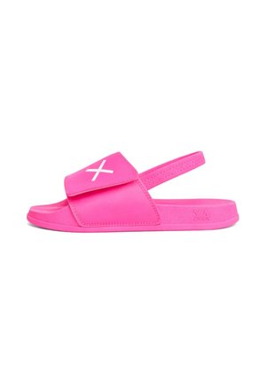 Sandalo aperto davanti rosa acceso con cinturino regolabile con una "X" bianca e cinturino posteriore per il supporto del tallone.