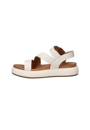 Weiße Plateausandale mit zwei breiten Riemen, einem Knöchelriemen mit Schnalle und einem braunen gepolsterten Fußbett.