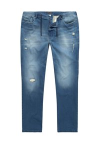 Jeans de mezclilla de color azul claro con detalles desgastados, incluyendo parches rasgados. Presentan una cinturilla con cordón y un diseño de pierna recta.