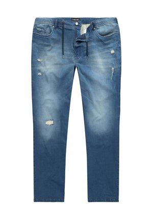 Jeans de mezclilla de color azul claro con detalles desgastados, incluyendo parches rasgados. Presentan una cinturilla con cordón y un diseño de pierna recta.