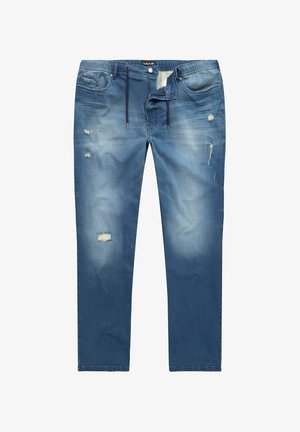 Hellblaue Jeans aus Denim mit distressed Details, einschließlich gerissener Patches. Besondere Merkmale sind ein verstellbarer Kordelbund und ein gerades Bein.