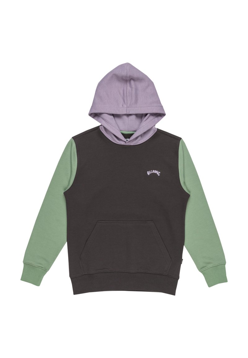 Felpa con cappuccio caratterizzata da un cappuccio viola, corpo marrone scuro e maniche verdi. Presenta una tasca frontale e un logo discreto sul petto.
