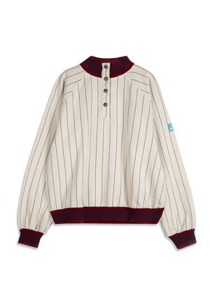 Jersey de manga larga de color crema con finas rayas verticales negras, cuello, puños y bajo acanalados en burdeos, y una tapeta frontal con cuatro botones.