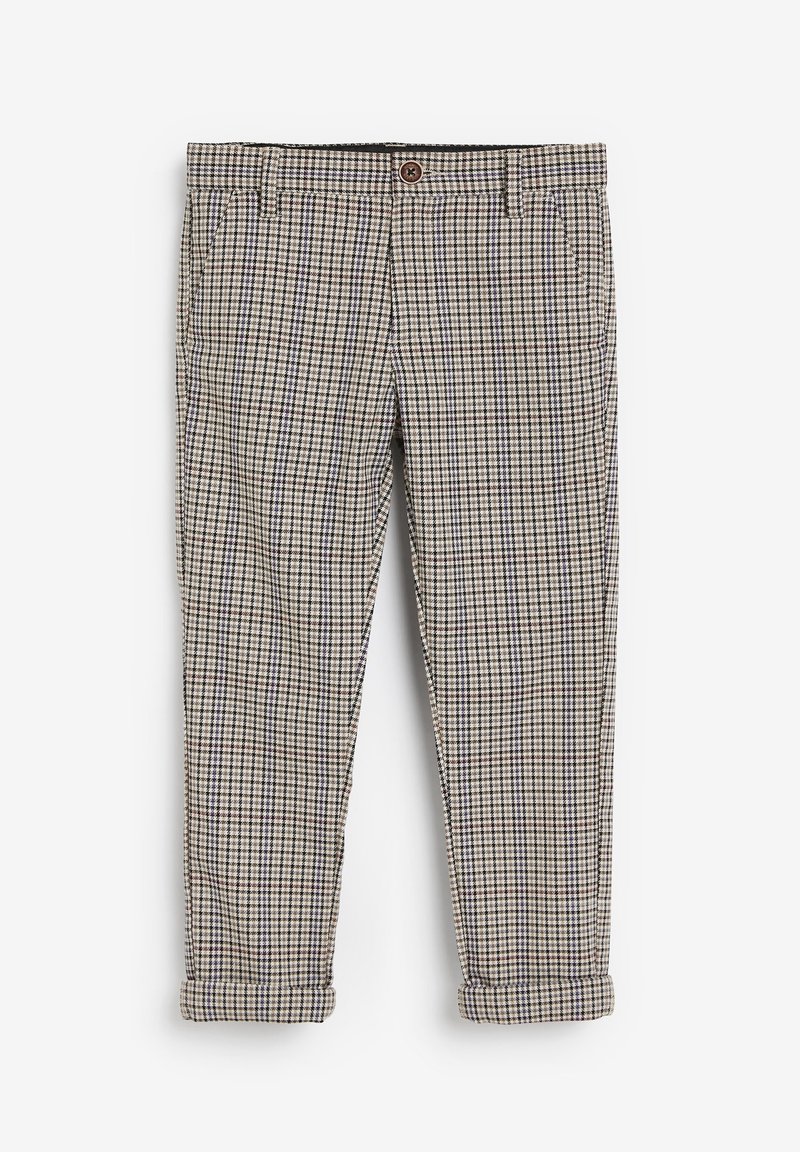 Pantalon pour homme beige et noir à carreaux, avec fermeture à boutons, poches latérales, passants pour ceinture et revers retroussés.