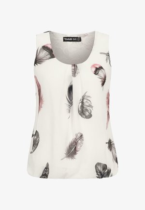 Ujjatlan blúz fehér anyagból, fekete, szürke és rózsaszín tollmintával. Puha textúrájú, kerek nyakkivágással.