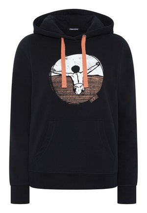 Black hoodie featuring an orange drawstring and a front pocket, with a graphic design of a figure against a circular background.