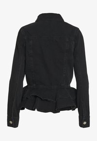 Black denim jacket with a peplum ruffle hem, long sleeves, and a collared neck. Features silver-buttoned cuffs and stitched detailing.