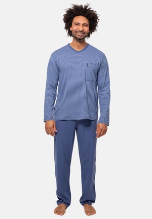 Gestreepte blauwe lange mouwen top met een V-hals en zak, gecombineerd met effen blauwe broek. Gemaakt van zachte stof, relaxte pasvorm en lichtgewicht.