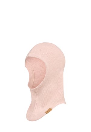 Knitted balaclava in light pink, featuring a ribbed texture, open face and neck areas, and a small branded leather tag on the side.