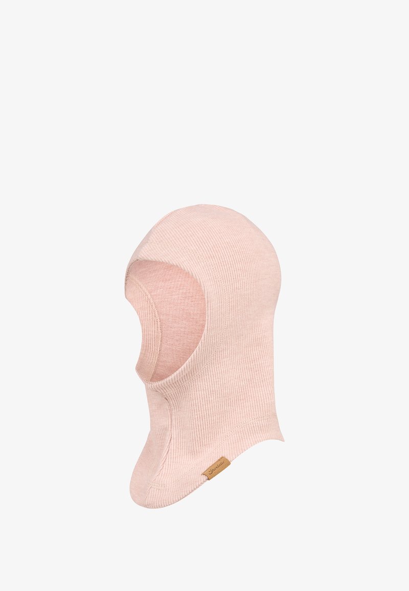 Knitted balaclava in light pink, featuring a ribbed texture, open face and neck areas, and a small branded leather tag on the side.