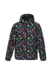 Jachetă neagră cu capotă, cu fermoar frontal, acoperită cu un model colorat de stropi de vopsea roșie, galbenă, verde și albastră.